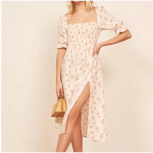 Reformation Marabella Dress Veronica 100% Linen Smocked Midi Cream Size Medium - Picture 1 of 12